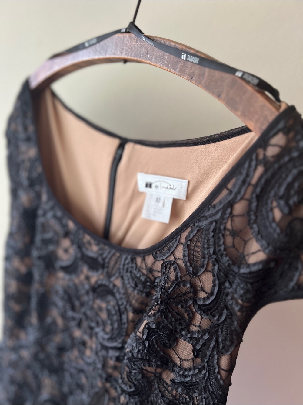 Vintage 80s Tadashi Shoji Black Lace Midi Dress with Nude Underlay - Picture 4 of 7